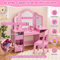 Toeletta Trucco 2 in 1 per Bambina, Specchiera Staccabile per Ragazza in Legno Robusto con 4 Cassetti in Tessuto, Sgabello e Specchio, Postazione Trucco per 3 Anni, 104 x 40 x 117 cm (Rosa)