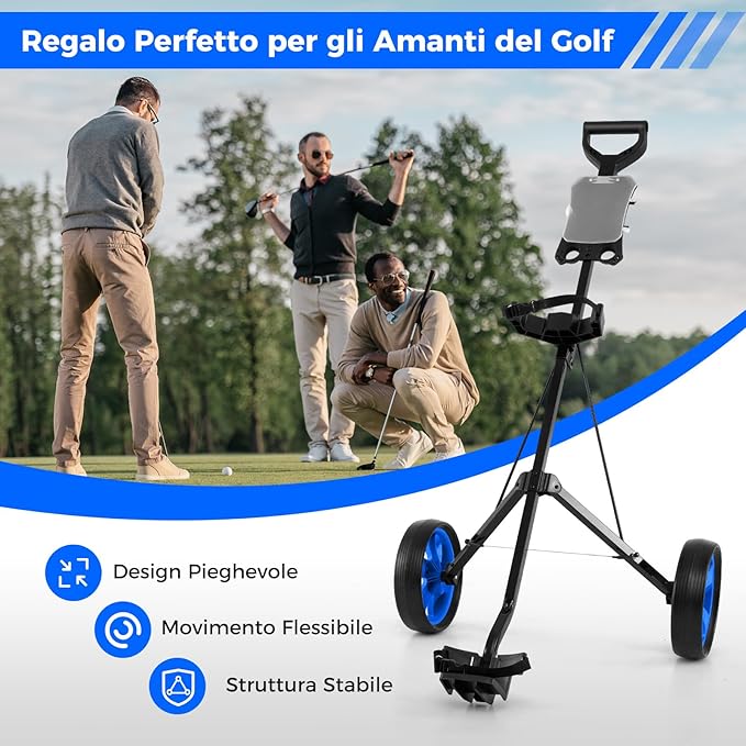 Carrello da Golf Pieghevole con 2 Ruote, Carrello da Golf in Ferro con Tabellone Segnapunti, 140 x 63,5 x 113 cm, Nero(Blu)