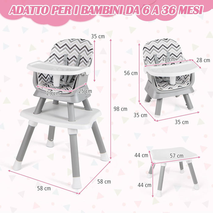 Seggiolone Pappa per Bambini 6 in 1, Seggiolone per Neonati Convertibile, Tavolo per Costruzioni per Bambini, con Imbracatura a 5 Punti, per Bambini da 6 Mesi fino 3 Anni (Gessato)