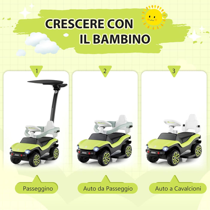 Volkswagen 3 in 1 Macchina Cavalcabile a Spinta per Bambini, Auto a Spinta con Maniglione Regolabile Parasole e Musica, Ideale per Bambini 1-3 Anni