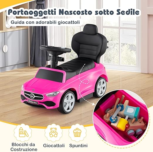 3 in 1 Auto a Spinta, Mercedes-Benz Macchina Cavalcabile, con Schienale Regolabile Suono Barra di Spinta e Tettuccio, per Bambini 18-36 Mesi (Rosa)