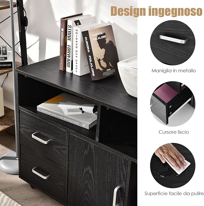 Mobile Per Documenti Con 3 Mensole Aperte, 2 Cassetti, Superficie Ampia, Schedario Mobile Con 5 Ruote Girevoli, Per Casa e Ufficio