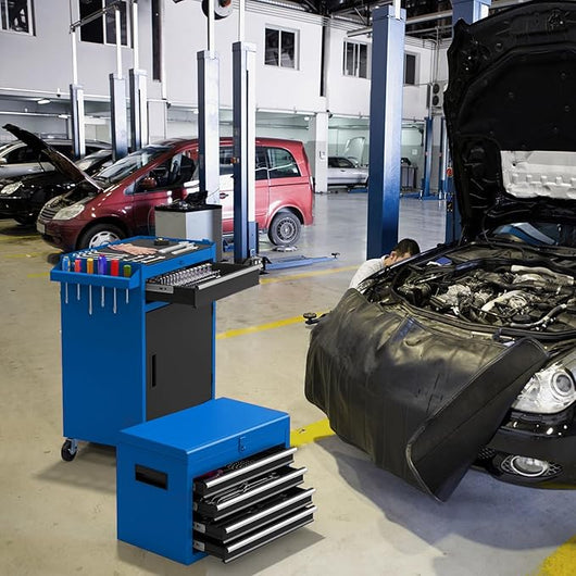 Cassettiera Portautensili a 4 Cassetti, Carrello per Attrezzi con Ruote Bloccabili Ripiano Regolabile e Rivestimento Antiscivolo, 59 x 28 x 102 cm (Blu + Nero)