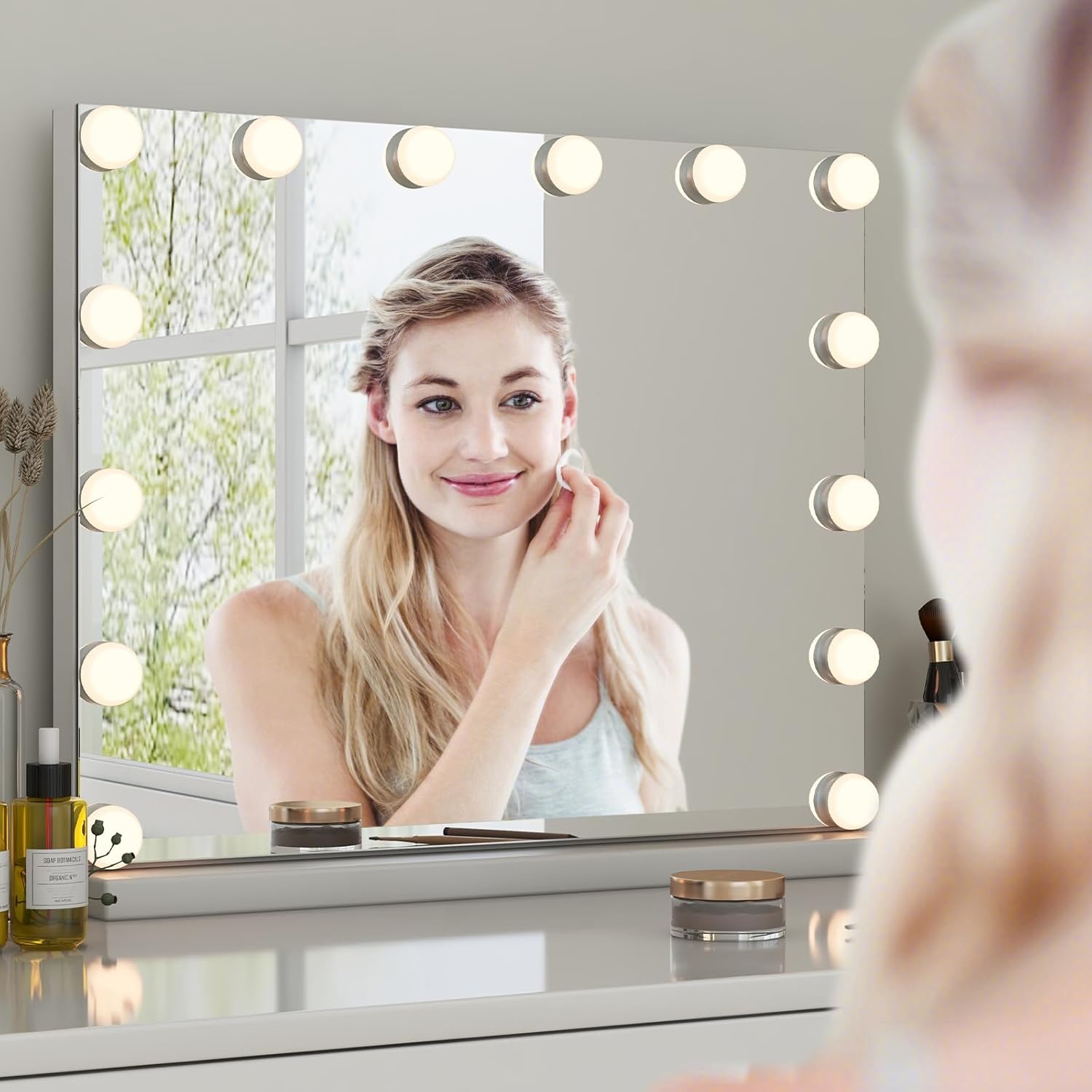 Specchio per Trucco Illuminato, Specchio da Tavolo con 14 Luci LED e Specchio con Ingrandimento 5X, Specchio da Toeletta con 3 Colori e Luminosità Regolabile, 50x43 cm