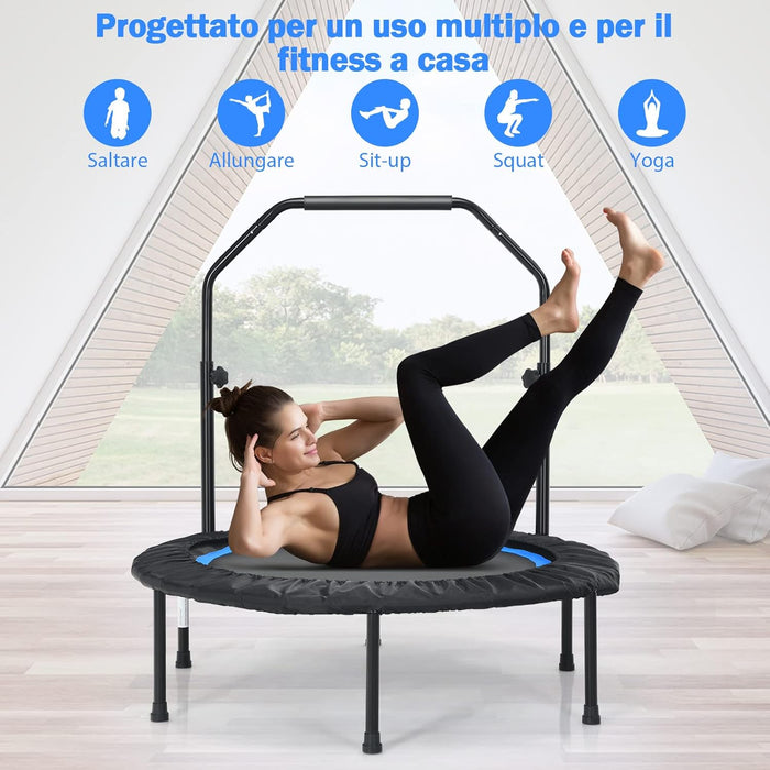 Mini Trampolino Pieghevole 101cm, Trampolino Fitness per Adulti e Bambini,con Maniglia Altezza Regolabile, Capacità di Carico 150 kg