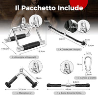 Set di Accessori per Macchine a Cavi, Accessori per LAT Pulldown incl. Maniglia a Forma di V, Barra Rettangolare, Corda per Tricipiti e Maniglia a Doppio D, Accessori per Macchine da Allenamen
