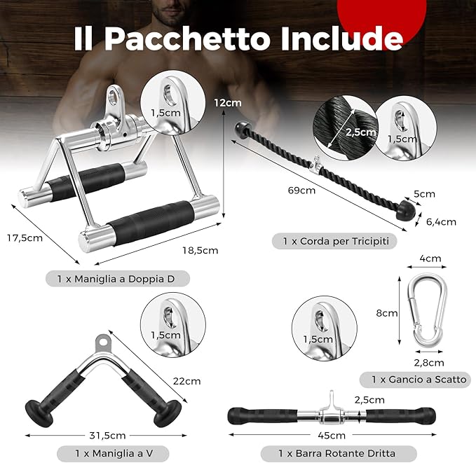 Set di Accessori per Macchine a Cavi, Accessori per LAT Pulldown incl. Maniglia a Forma di V, Barra Rettangolare, Corda per Tricipiti e Maniglia a Doppio D, Accessori per Macchine da Allenamen