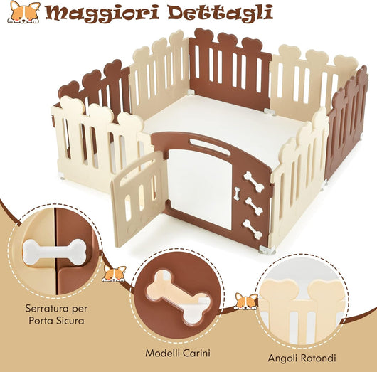 Recinto per Animali con 8 Pannelli, Cancelletto per Cani e Cognigli in HDPE con Porta, Chiusura e Angoli Sicuri, Cancello per Animali da Interno ed Esterno con Altezza Max 35 CM