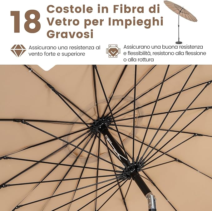 Ombrellone da Giardino Rotondo di 265 cm, Ombrellone da Patio con 18 Costole, Inclinazione a Pulsante, Parasole con Supporto in Metallo, per Cortile, Piscina, Spiaggia (Marrone)