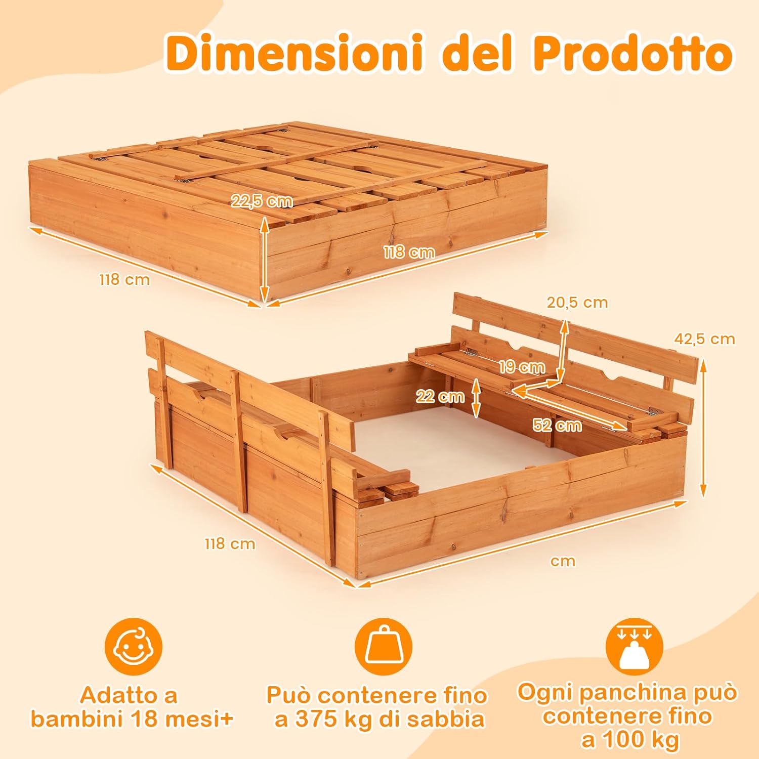 Sabbiera per Bambini in Legno, Sabbiera da Esterno con Coperchio, 2 Panchine con 4 Sedili Larghi e Schienali, Sabbonaia per Giardino, Patio e Cortile, 125 x 118 x 42,5 cm