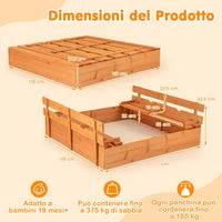 Sabbiera per Bambini in Legno, Sabbiera da Esterno con Coperchio, 2 Panchine con 4 Sedili Larghi e Schienali, Sabbonaia per Giardino, Patio e Cortile, 125 x 118 x 42,5 cm