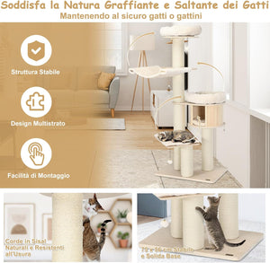 Albero per Gatti in Legno Massiccio da 174 CM, Torre per Gatti a 4 Livelli con Pali Sisal, Nicchia per Gatti, Trespoli, Amaca, Palline, Albero Tiragraffi per Gattini e Gatti Adulti