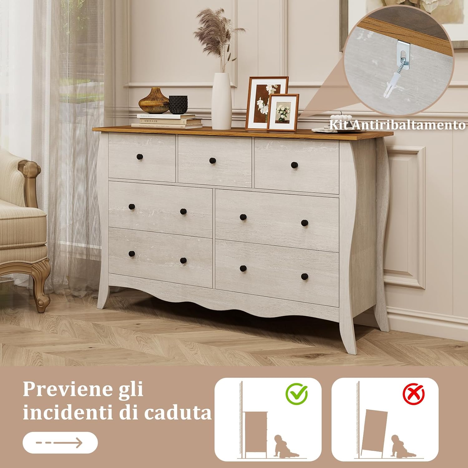 Cassettiera a 7 Cassetti in Tessuto, Cassettiera per Camera da Letto in Legno Rustico, Cassettiera Cameretta Salvaspazio per Soggiorno, Corridoio, Cucina, 120 x 38,5 x 77,5 cm (Grigio)