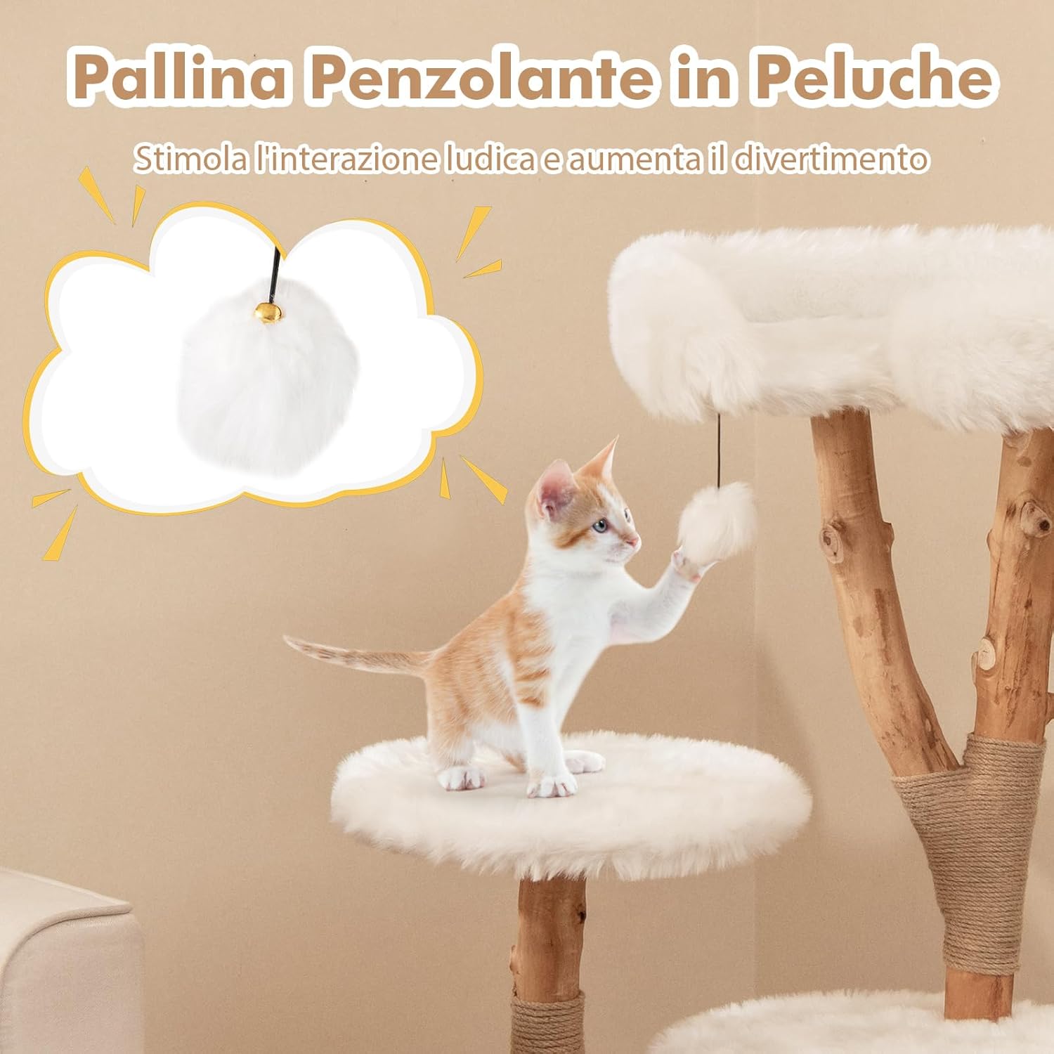 Tiragraffi per Gatti in Legno 110cm, Torre in Peluche Lunga per Animali Domestici con Pali in Corda di Juta Naturale e Palla Pendente, Albero Moderno per Gatti, Bianco e Naturale