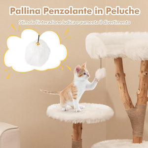 Tiragraffi per Gatti in Legno 110cm, Torre in Peluche Lunga per Animali Domestici con Pali in Corda di Juta Naturale e Palla Pendente, Albero Moderno per Gatti, Bianco e Naturale