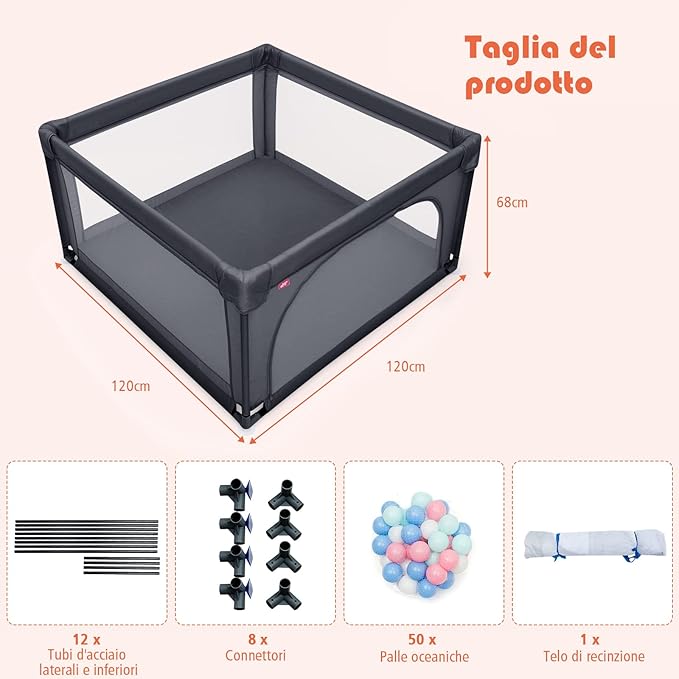 Box per Bambini, Centro Attivit¨¤ Portatile con Cancelli di Sicurezza, Recinto Resistente con Ventose Antiscivolo e Pareti a Rete Traspirante, Cancello per Giocare con 50 Palline (Grigio Scuro)