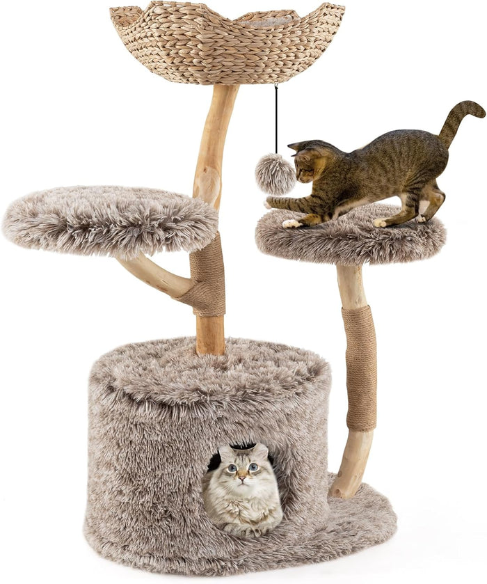 Albero per Gatti in Legno di Pero 105cm, Torre per Gatti con Tiragraffi in Sisal, Piattaforme e Pallina Pendente, Cuccia per Animali Domestici