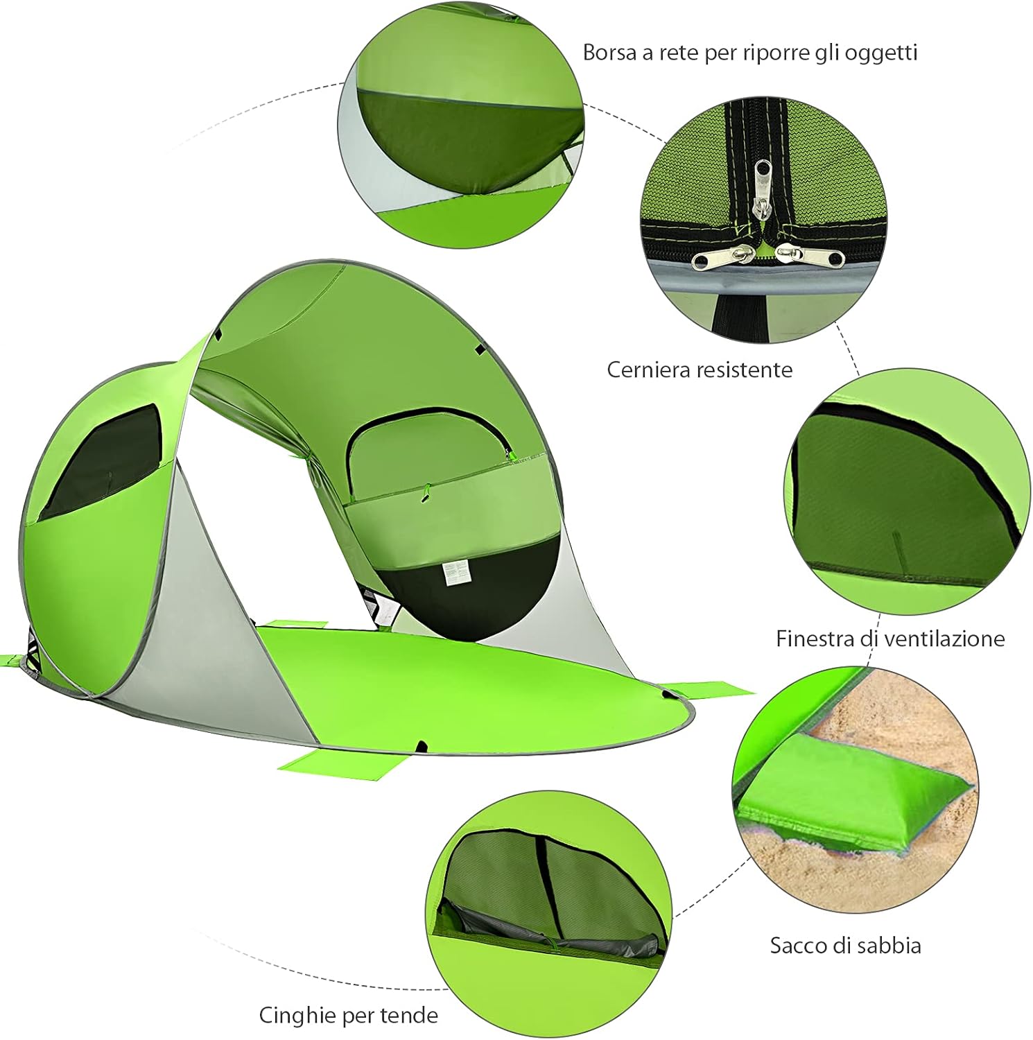 Tenda da Spiaggia per 3-4 Persone,Tenda Pop Up Portatile con Protezione Solare, con 2 Finestre a Rete, per Attivita all’Esterno