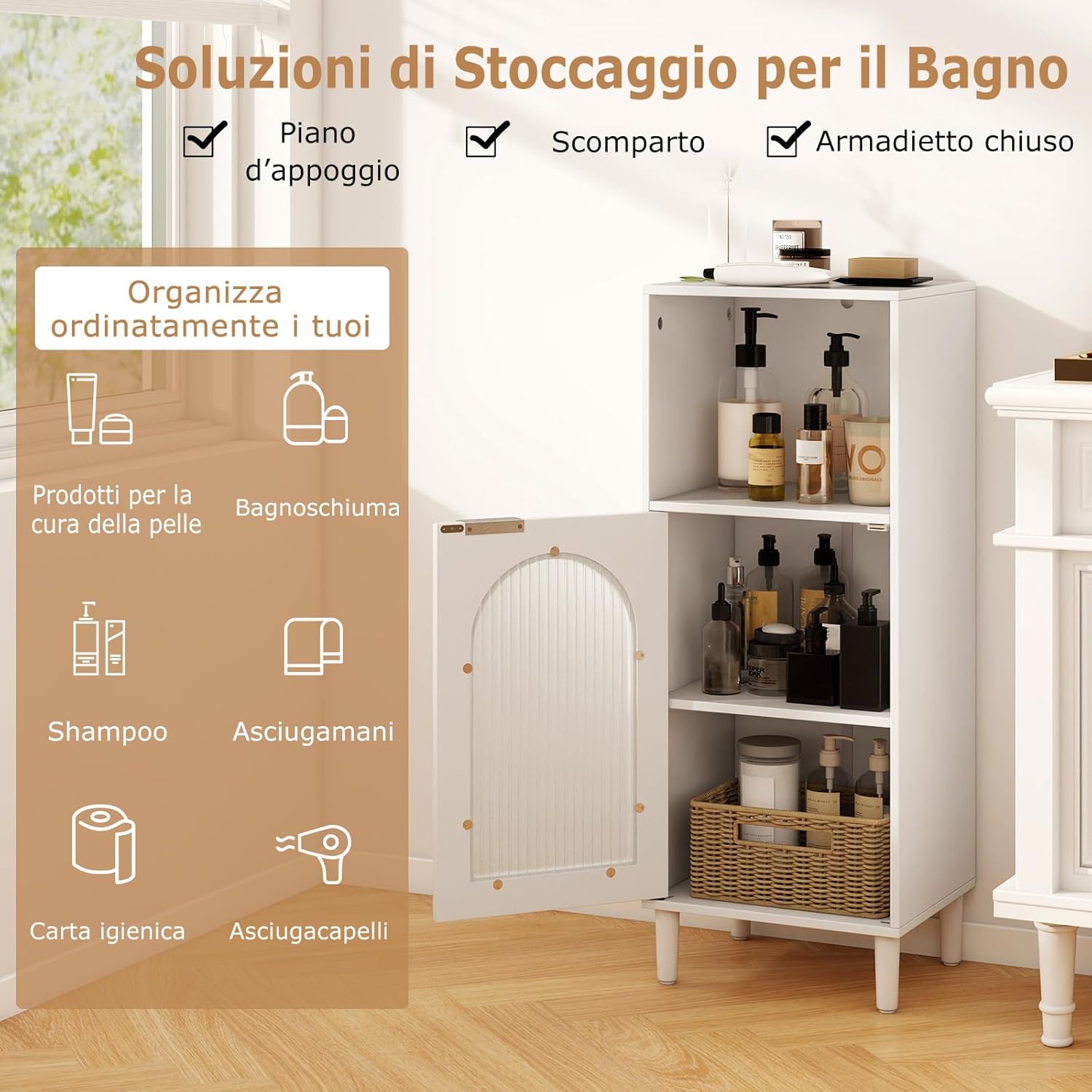 Armadietto da Bagno 35 x 30 x 90 cm, Mobiletto Bagno Salvaspazio in Legno con Anta in Vetro Temperato e Ripiano Regolabile, Colonna Salvaspazio per Corridoio, Soggiorno e Cuccina