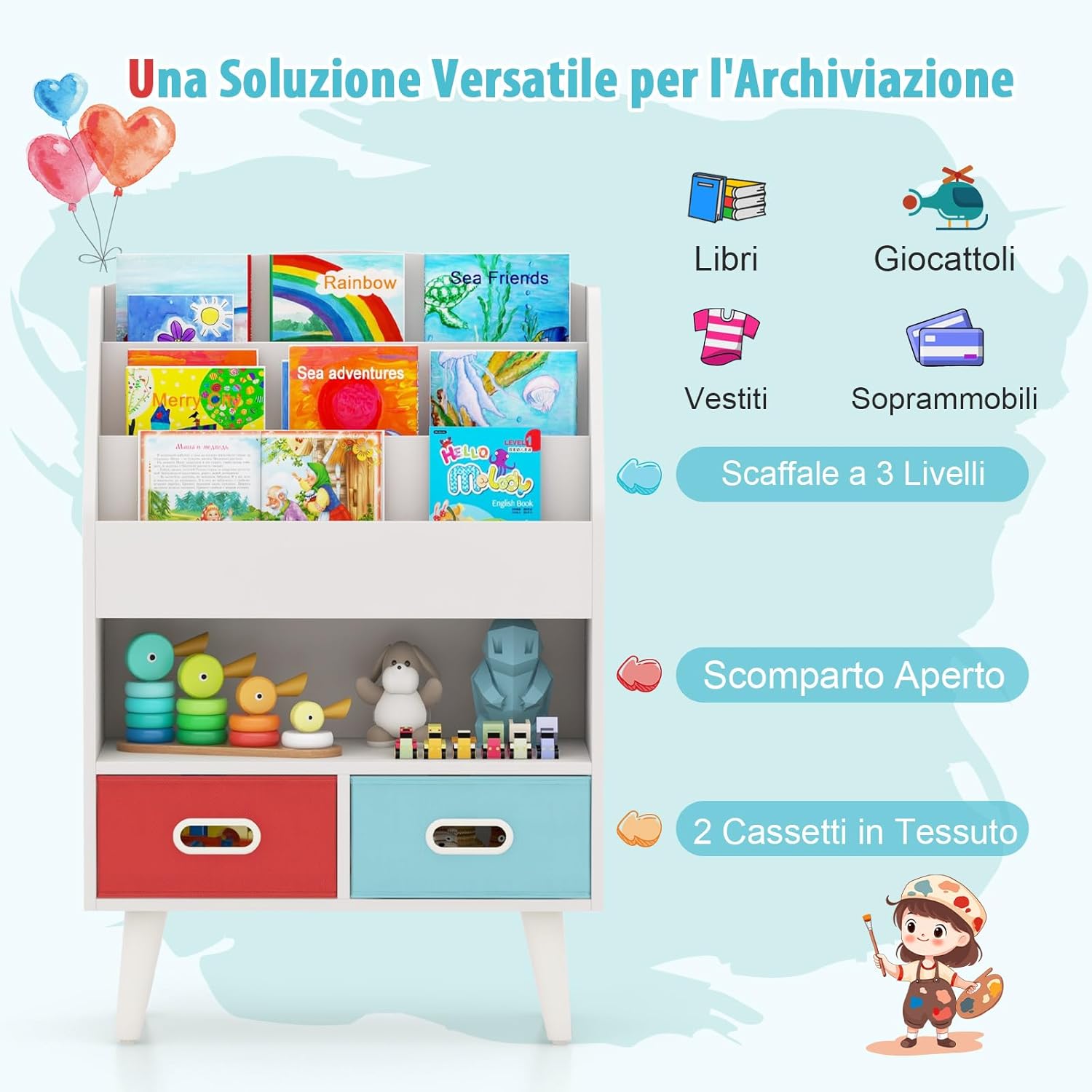 Libreria per Bambini, Scaffale in Legno per Bambini con 3 Ripiani, Scomparto Aperto e 2 Cassetti in Tessuto Pieghevoli, Organizzatore per Giocattoli, 63x30x97 cm (Bianco)