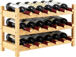 Portabottiglie per Vino in Bambù, Scaffale per 18 Bottiglie di Vino con Fessura a Onda, per Soggiorno, Cucina, Bar, 62 x 24 x 38 cm