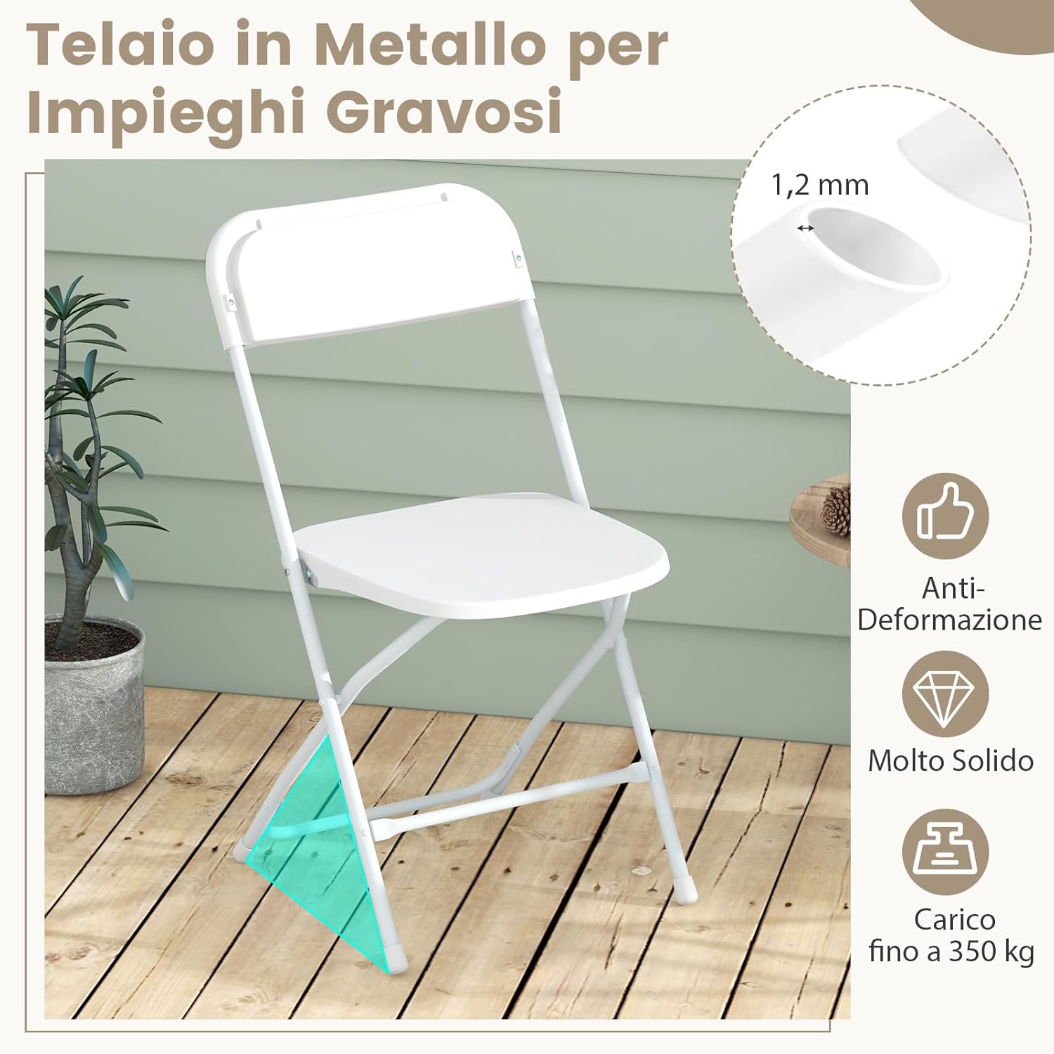 Set di 4 Sedie Pieghevoli in Metallo, Sedie da Patio Portatili con Sedile e Schienale in Plastica, Struttura in Metallo, Sedie da Pranzo per Esterno e Interno, Portata 350 kg, 48 x 45 x 82 cm