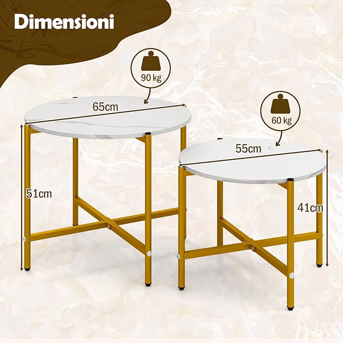 Set di Tavolini da Caffè Rotondi da 2 Pezzi, Tavolini Impilabili con Struttura in Metallo Robusta e Piedini, Ideale per Soggiorno, Ufficio e Balcone