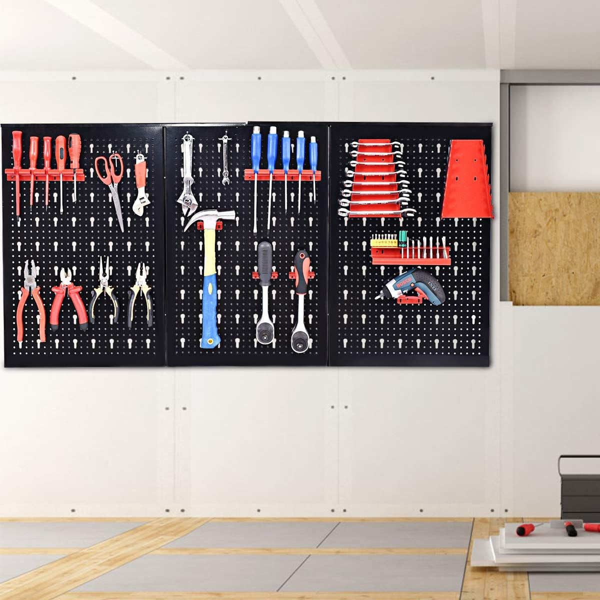 Pannello forato portautensili da parete 17pz con ganci, Pannello attrezzi da parete per officina garage 120x60cm-Deposito utensili Tool