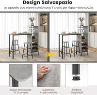 Set 3 Pezzi Tavolo e Sedie da Bar, Tavolo e Sgabelli da Pub Industriale con Porta Calici e 6 Portabottiglie da Vino, Set di Tavolo per Sala da Pranzo, Ristorante e Bar (Grigio)