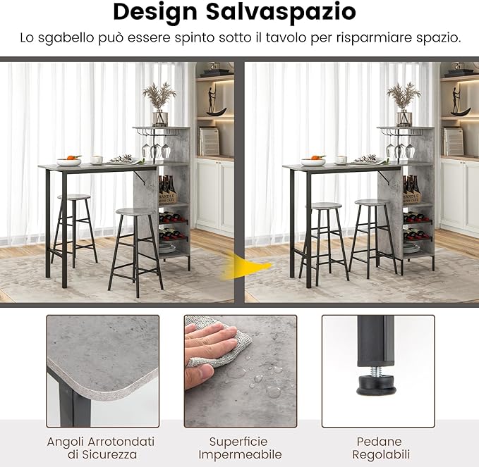 Set 3 Pezzi Tavolo e Sedie da Bar, Tavolo e Sgabelli da Pub Industriale con Porta Calici e 6 Portabottiglie da Vino, Set di Tavolo per Sala da Pranzo, Ristorante e Bar (Grigio)