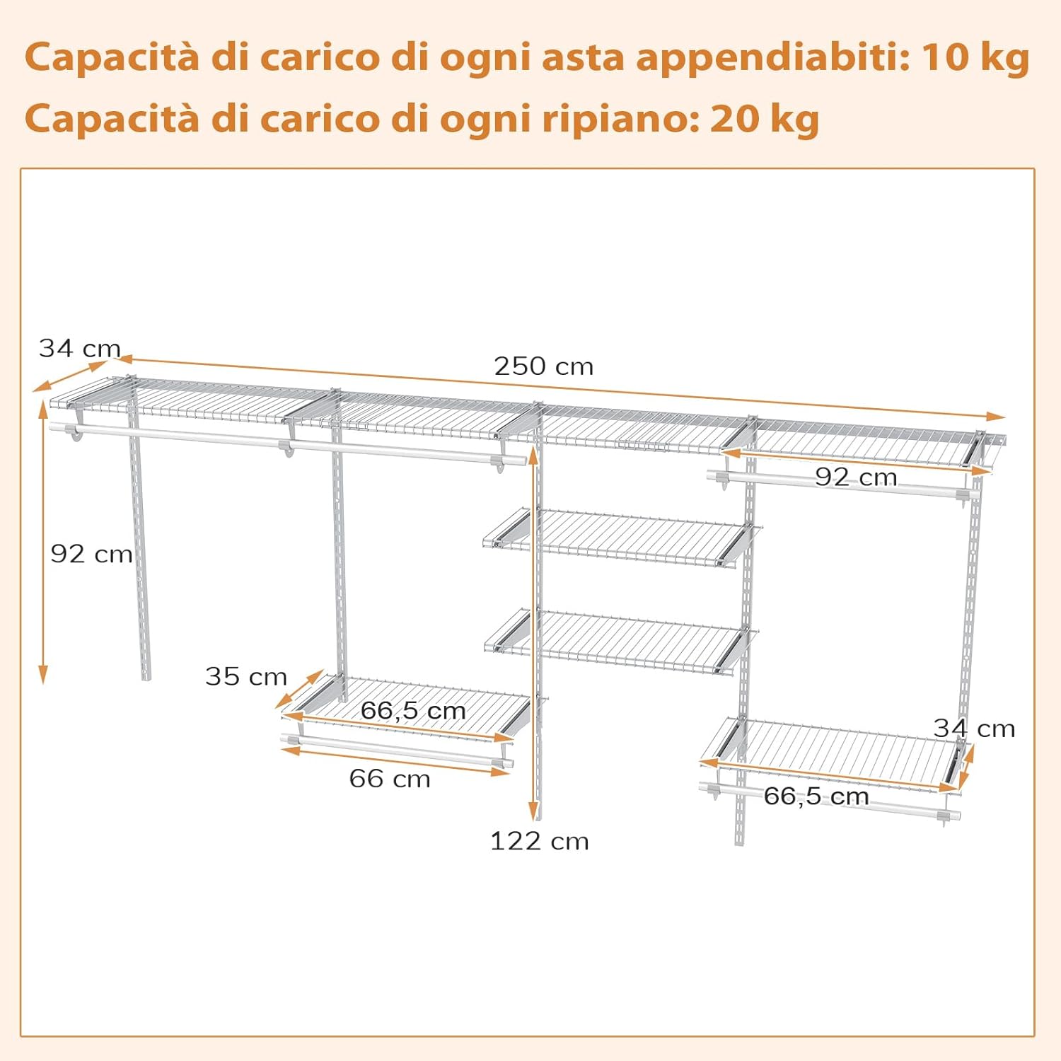 Guardaroba Parete 122-244 CM, Sistema di Organizzazione Regolabile con Asta Pendente, Appendiabiti Metallica, Sistema di Organizzazione e Stoccaggio Armadi per Camera da Letto (Bianco)
