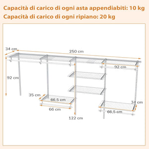 Guardaroba Parete 122-244 CM, Sistema di Organizzazione Regolabile con Asta Pendente, Appendiabiti Metallica, Sistema di Organizzazione e Stoccaggio Armadi per Camera da Letto (Bianco)