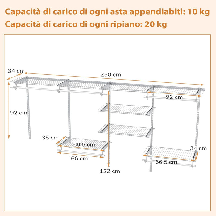 Guardaroba Parete 122-244 CM, Sistema di Organizzazione Regolabile con Asta Pendente, Appendiabiti Metallica, Sistema di Organizzazione e Stoccaggio Armadi per Camera da Letto (Bianco)