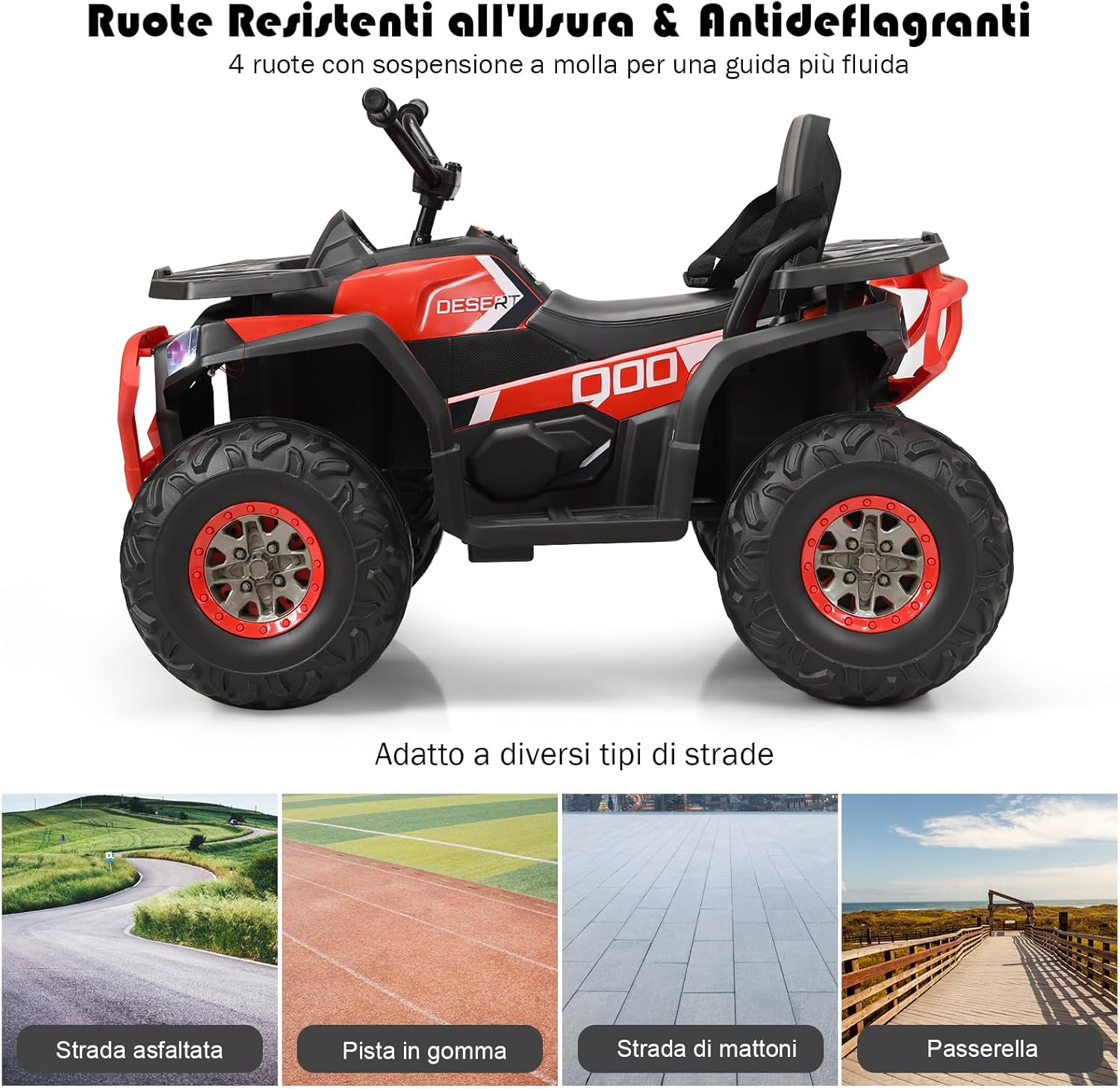 12 V Quad Elettrico per Bambini, Auto Elettrica Cavalcabile con Luci LED e Musica, Velocità fino a 8 km/h, per Bambini 3+ anni (Rosso)