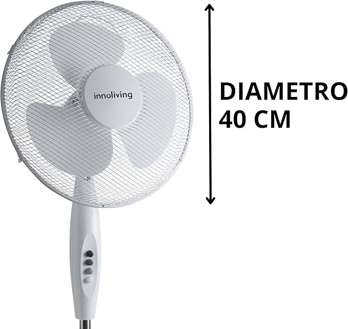 Innoliving Ventilatore a Piantana INN-503ROUND, Griglia Mesh, Diametro 40 cm, 3 Velocità, Oscillazione, Altezza Regolabile, Base Rotonda