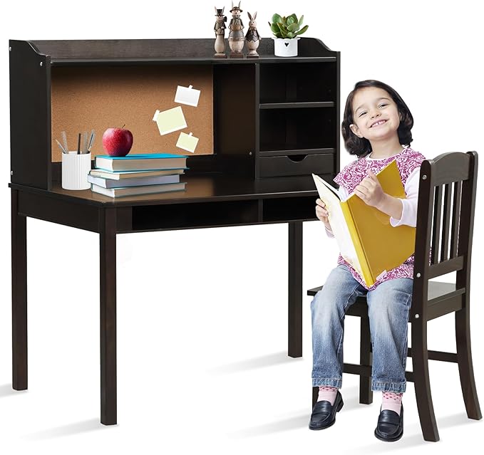 Set Scrivania e Sedia per Bambini 5-12 Anni, Tavolo in Materiale Sicuro con Bacheca in Sughero, 2 Cassetti e Spazio Ampio, Design Moderno, Ideale per Studio e Disegno (Nero)