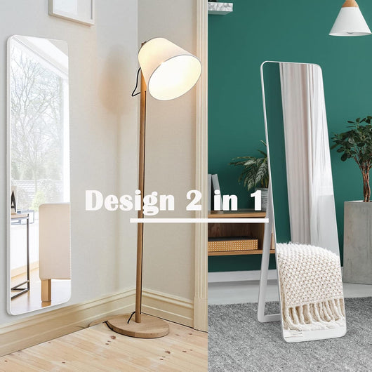 2 in 1 Specchio da Parete/da Terra con Telaio in Legno Massiccio, Ideale per Corridoio, Spogliatoio, 160 x 37 cm, Bianco
