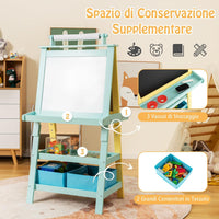 3 in 1 Cavalletto per Bambini con Doppia Faccia, Cavalletto per Disegno con 2 Vassoi e 2 Scatole, Lavagna Bambini in Legno (Verde)