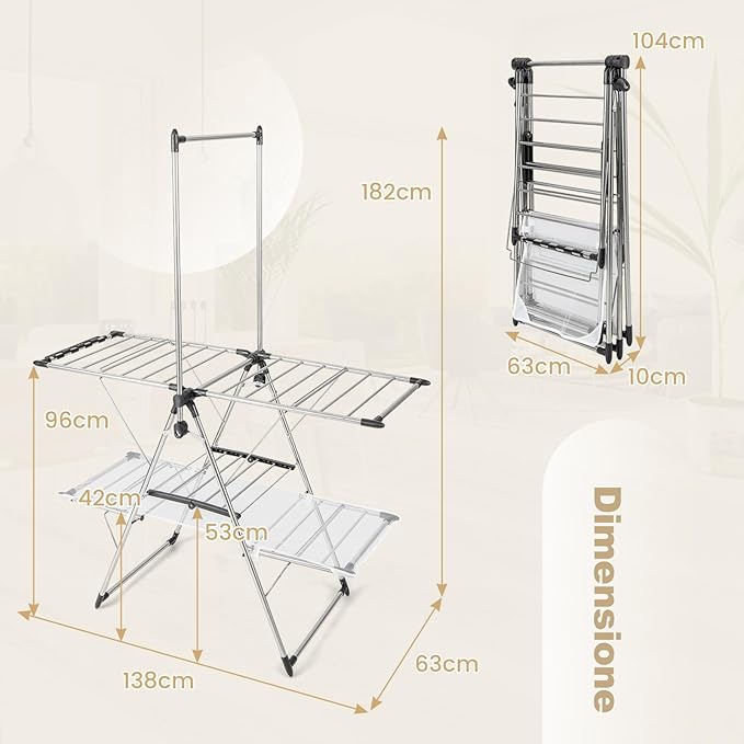 Stendibiancheria da Pavimento Pieghevole, Stendino a 2 Piani con Barra per Appendere, Ala Regolabile in Altezza, Clip per Calzini, Gancio per Scarpe, Stendibiancheria per Interno ed Esterno