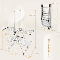 Stendibiancheria da Pavimento Pieghevole, Stendino a 2 Piani con Barra per Appendere, Ala Regolabile in Altezza, Clip per Calzini, Gancio per Scarpe, Stendibiancheria per Interno ed Esterno