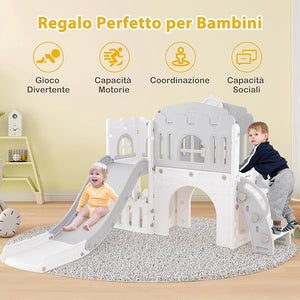 Scivolo per Bambini 9 in 1, Set da Gioco con Canestro da Basket, Telescopio, Volante, Corridoio, Tunnel e Spazio di Archiviazione, Scivolo da Interno ed Esterno per 1+ Anni (Grigio+Bianco)