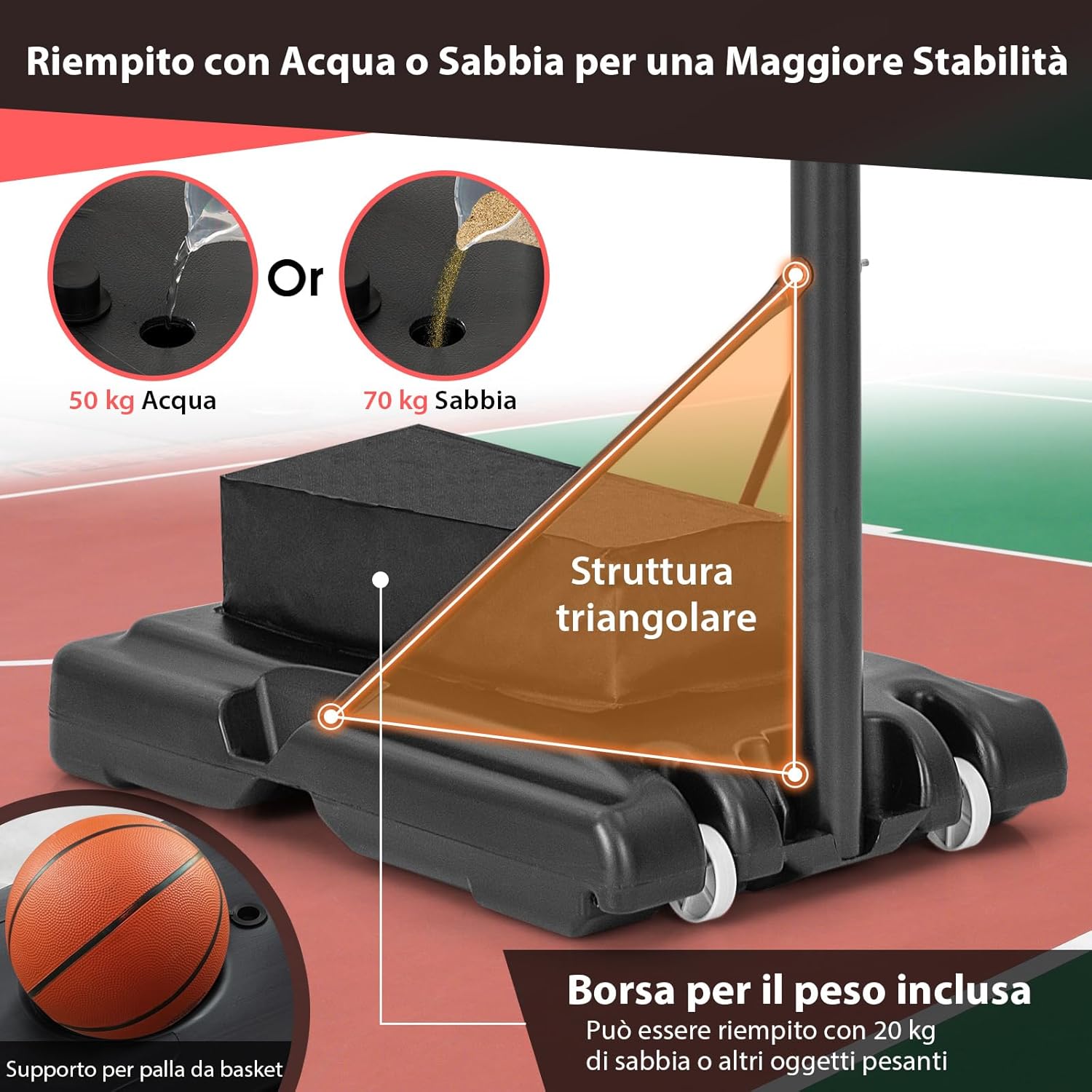 Canestro da Basket Regolabile in Altezza a 11 Livelli, Canestro da Basket Portatile con Tabellone da 110 CM, Base Riempibile e Sacca Peso, Canestro da Basket per Interno ed Esterno
