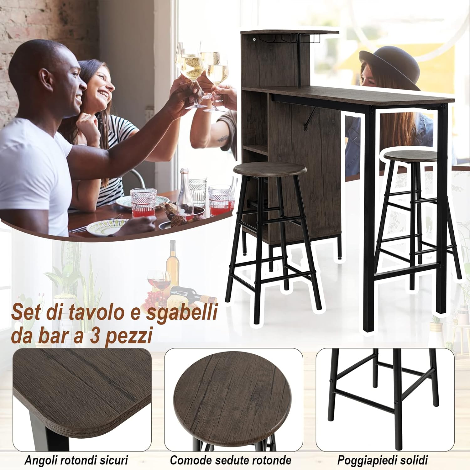 Set 3 Pezzi Tavolo e Sedie da Bar, Tavolo e Sgabelli da Pub Industriale con Porta Calici e 6 Portabottiglie da Vino, Set di Tavolo per Sala da Pranzo, Ristorante e Bar (Marrone)