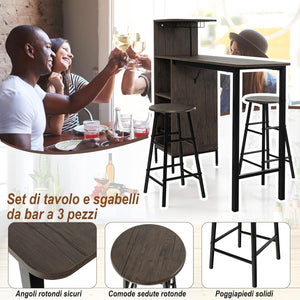 Set 3 Pezzi Tavolo e Sedie da Bar, Tavolo e Sgabelli da Pub Industriale con Porta Calici e 6 Portabottiglie da Vino, Set di Tavolo per Sala da Pranzo, Ristorante e Bar (Marrone)