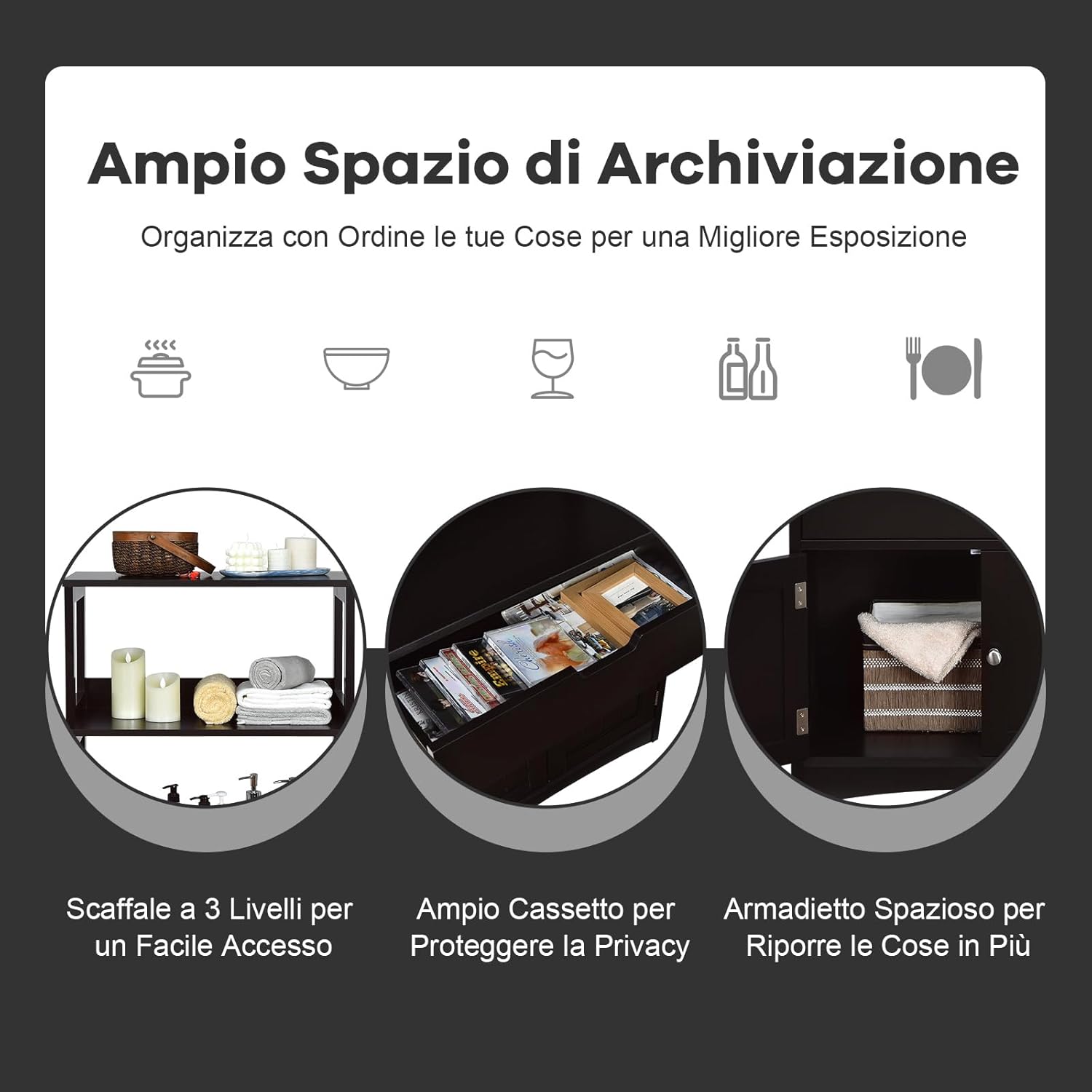 Armadietto del bagno con cassetto e mensola, armadio con 2 mensole aperte e 2 ante, armadietto per cucina, ingresso, salone e camera da letto, armadietto in legno (nero)