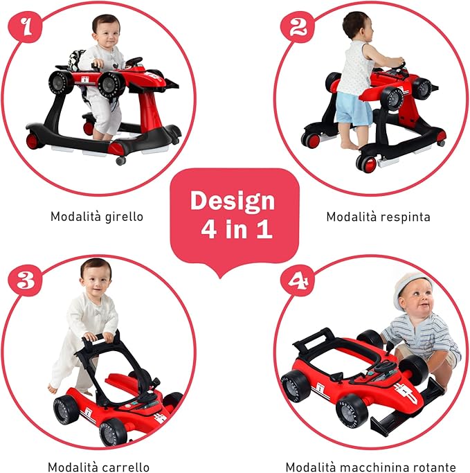 Girello per Bambini 4 in 1, Girello Pieghevole con Altezza e Velocità Regolabili, Carillon con Luci, Volante, Primi Passi per Bambini 6-18 Mesi, Portata 15 kg (Rosso)