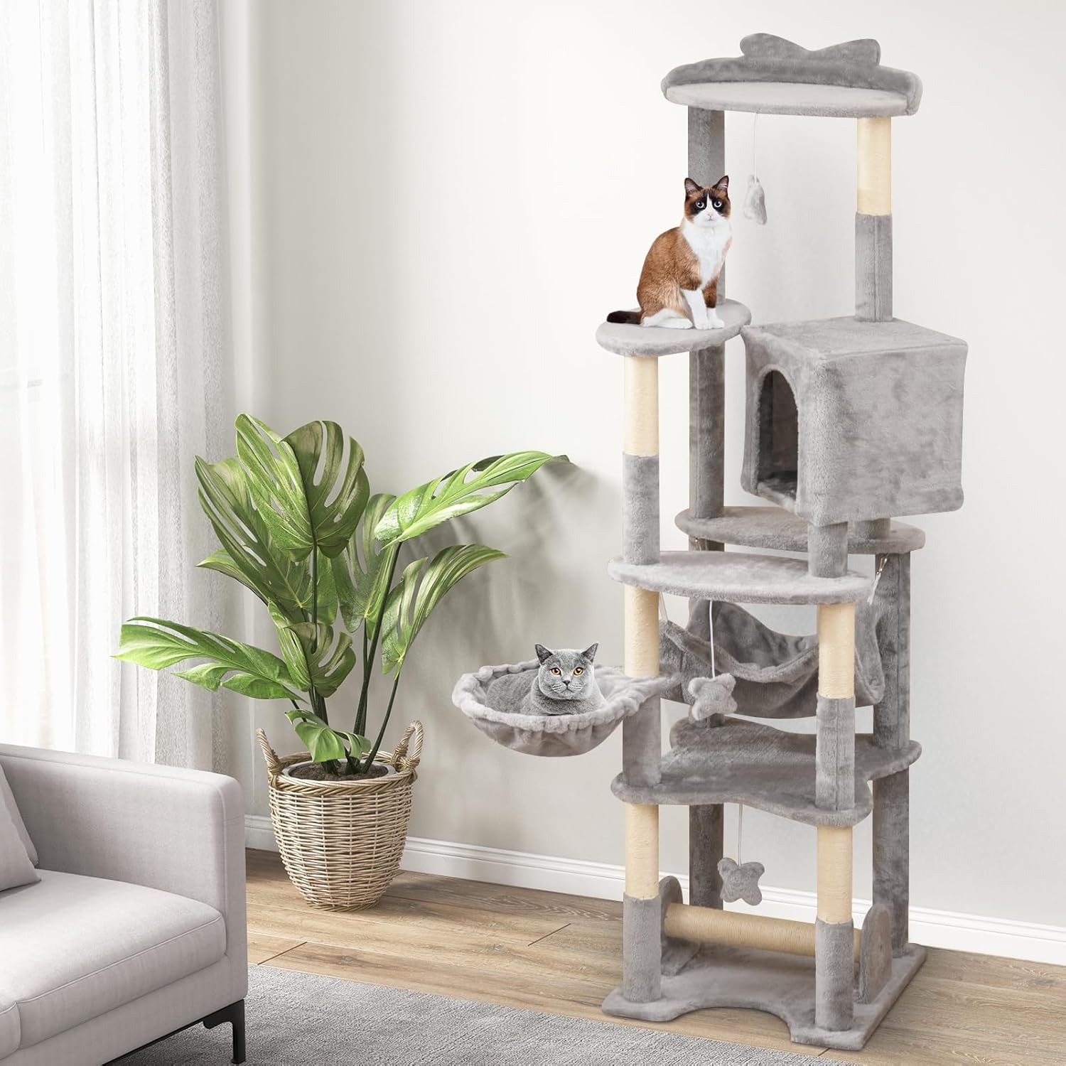 Tiragraffi 176cm, Albero per Gatti con Letto a Cesta, Amaca, Palline, Piattaforme di Salto, Giocattoli, Torre per Animali Domestici da Interno, Grigio