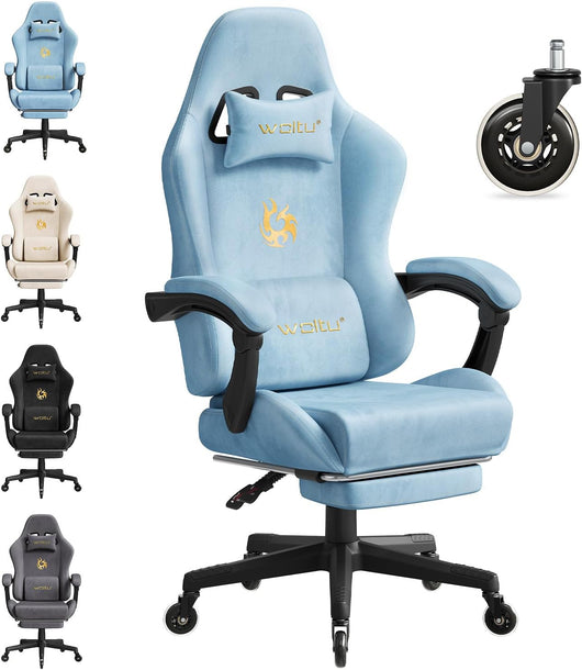 Sedia da gaming, Sedia Gaming Ergonomica con Ruote Silenziose, Altezza e Inclinazione Regolabile, con Braccioli Sincronizzati e Poggiapiedi, in Tessuto Scamosciato, Blu