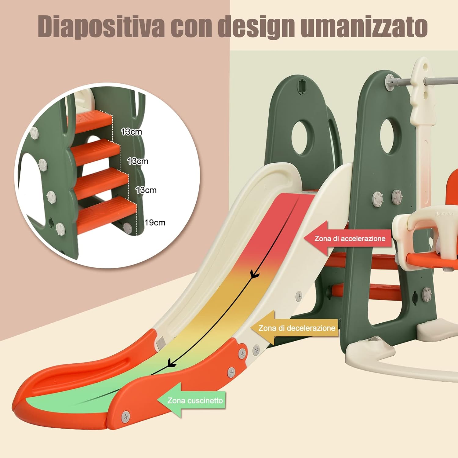 6 in 1 Parco Giochi per Bambini, con Altalena Scivolo Canestro da Basket Golf, Parco Giochi per Bambini da Esterno ed Interno, 172x182x108-120cm, 18 Mesi+ (Arancione)