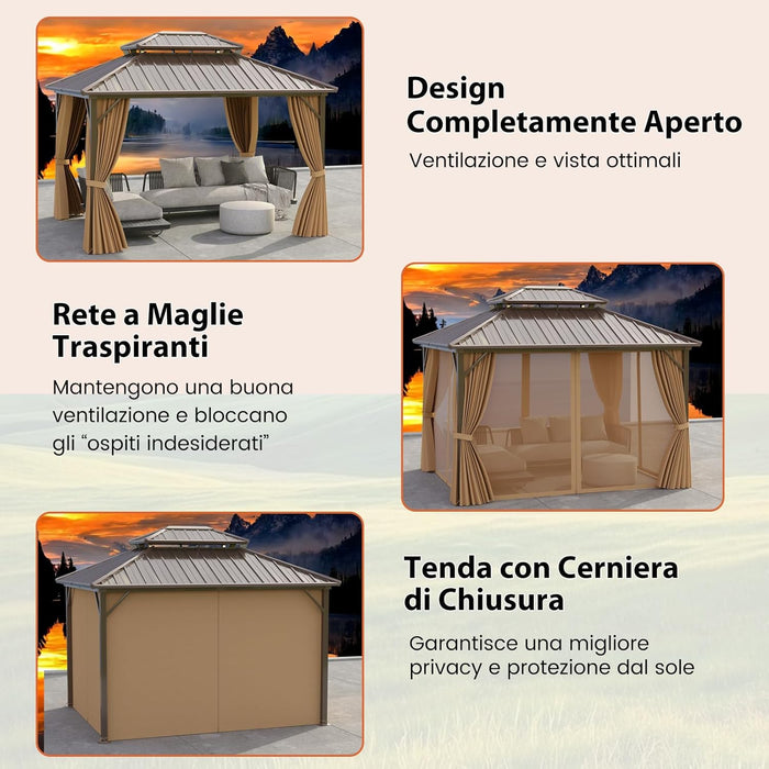 Gazebo da Giardino 3,5 x 3 m Hardtop Doppio Tetto, Gazebo in Metallo Zincato e Alluminio Effetto Legno con Zanzariera e 4 Teli Laterali, Gazebo Hardtop per Terrazza e Giardino, Marrone